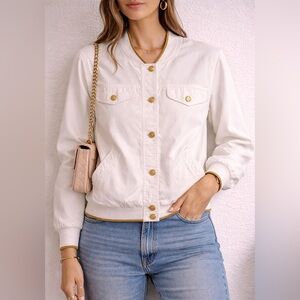 Vintage Alexon White Bomber Jacket Gold Trim Crest Button Front Size 12